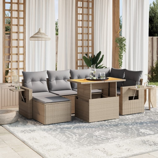 vidaXL 7-tlg. Garten-Sofagarnitur mit Kissen Beige Poly Rattan, UV-beständig, 3275705
