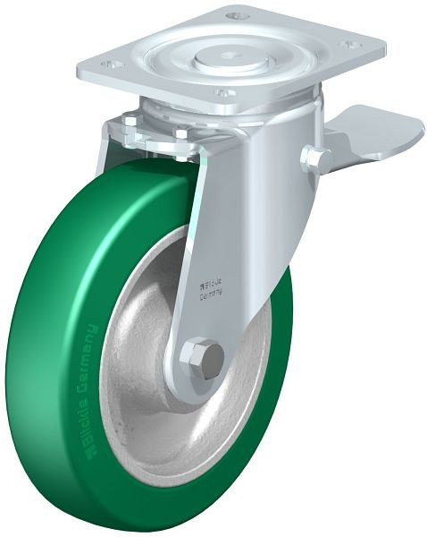 Blickle LH-GST 200K-ST Stahlblech-Lenkrolle, Schwerlast-Ausführung, mit Anschraubplatte & Feststeller, Blickle Softhane®, Grün, 852391