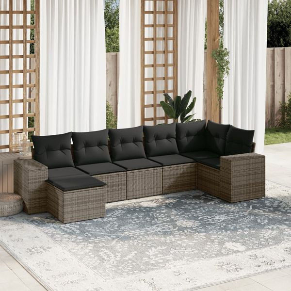 vidaXL 7-teilig Garten-Sofagarnitur mit Kissen Grau Poly Rattan, 3222879