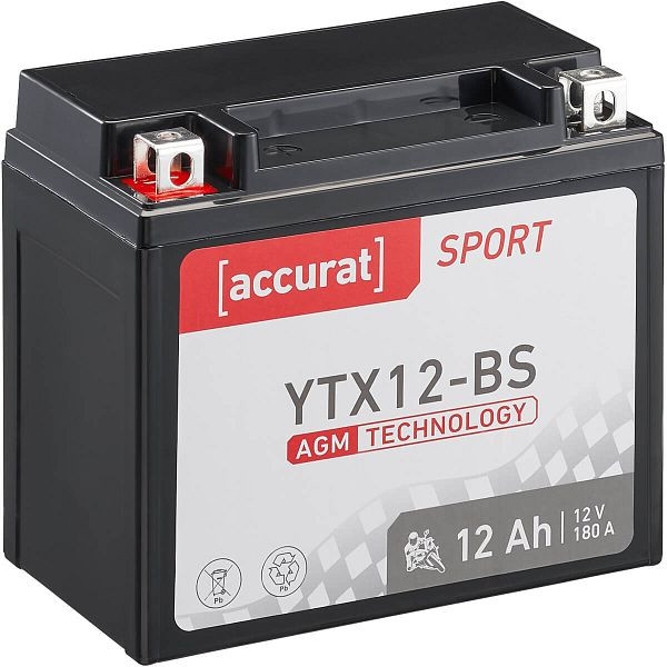 Accurat Sport AGM YTX12-BS Motorradbatterie 12Ah 12V 180A, MBA-YTX12