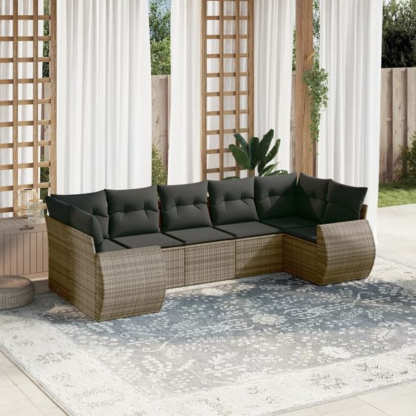 vidaXL 7-teilig Garten-Sofagarnitur mit Kissen Grau Poly Rattan, 3221789