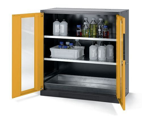asecos Chemikalienschrank Systema CS-102G, Korpus anthrazit, gelb, 2 Einlegeböden und Bodenwanne, 202671