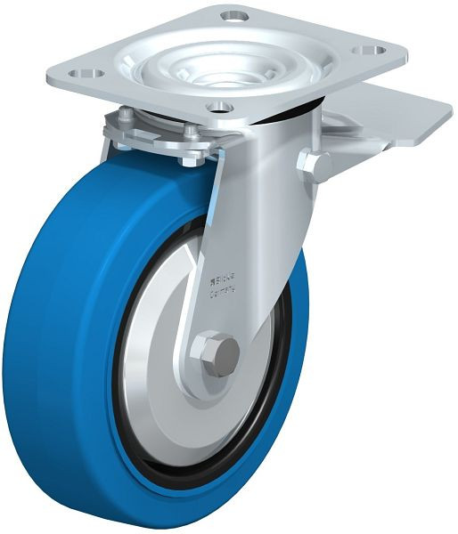 Blickle L-POEV 125G-ST-SB-FA Stahlblech-Lenkrolle, mittelschwere Ausführung, mit Anschraubplatte & Feststeller, Elastik-Vollgummi, Blau, 850541