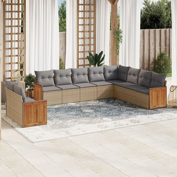 vidaXL 10-tlg. Garten-Sofagarnitur mit Kissen Beige Poly Rattan, 3227795