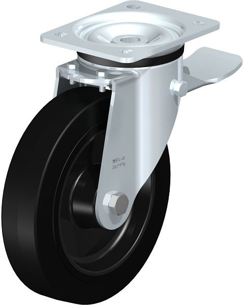 Blickle LK-POEV 200R-ST Stahlblech-Lenkrolle, schwere Ausführung, mit Anschraubplatte & Feststeller, Elastik-Vollgummi, Schwarz, 50922