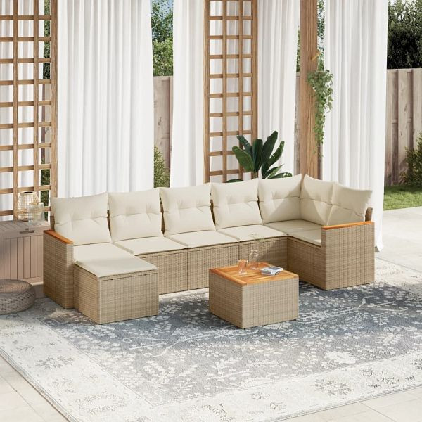 vidaXL 8-teilig Garten-Sofagarnitur mit Kissen Beige Poly Rattan, 3226198