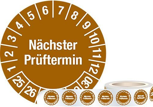 DENIOS Prüfplakette "Nächster Prüftermin", 25 - 30, braun, Folie, SK, 30 mm, VE: 1 Rolle à 1000 Stück, 290046