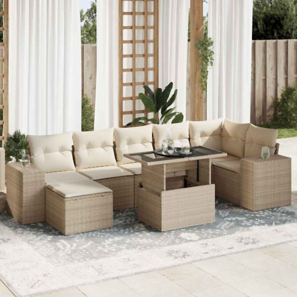 vidaXL 8-tlg. Garten-Sofagarnitur mit Kissen Beige Poly Rattan, 3326839