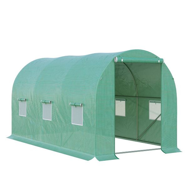Outsunny Rundbogen-Gewächshaus, 6 Netzfenster, transparente Folie, Metallrahmen, 3,95 x 1,95 x 1,90m, Grün, 845-157