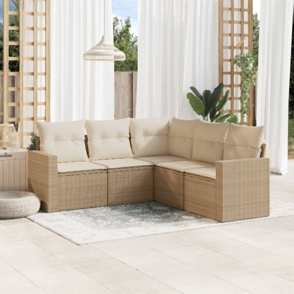 vidaXL 5-tlg. Garten-Sofagarnitur mit Kissen Beige Poly Rattan, 3251285