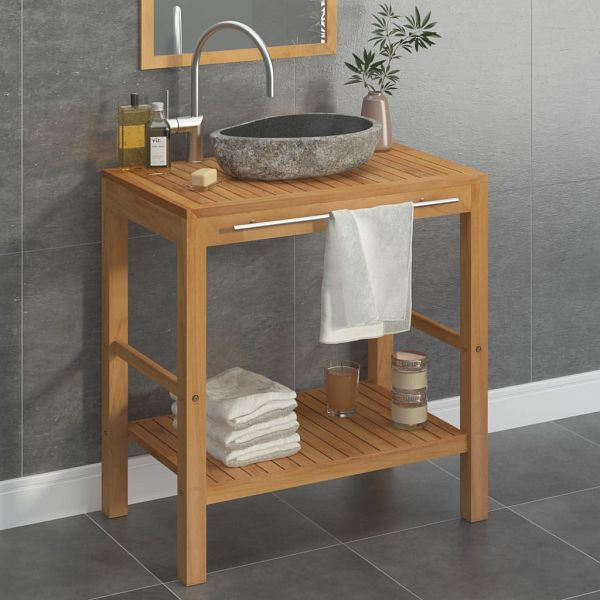 vidaXL Waschtisch Massivholz Teak mit Waschbecken aus Flussstein, 246496