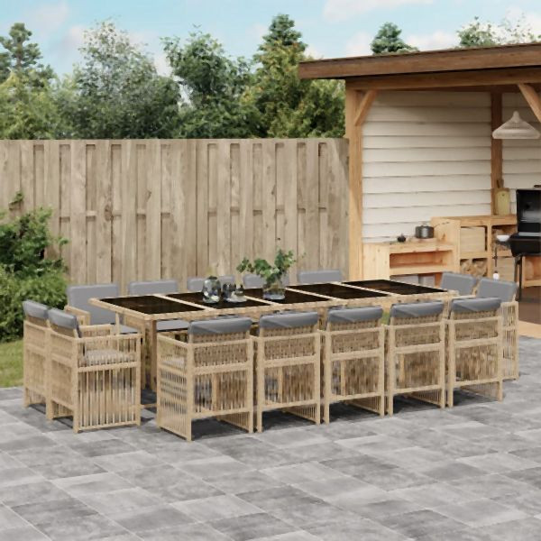 vidaXL 15-tlg. Garten-Essgruppe mit Kissen Beigemischung Poly Rattan, 3211056