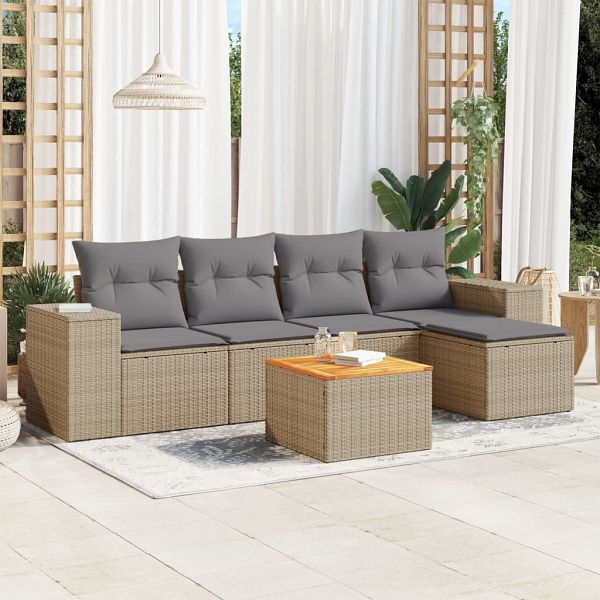 vidaXL 6-teilig Garten-Sofagarnitur mit Kissen Beige Poly Rattan, 3225422
