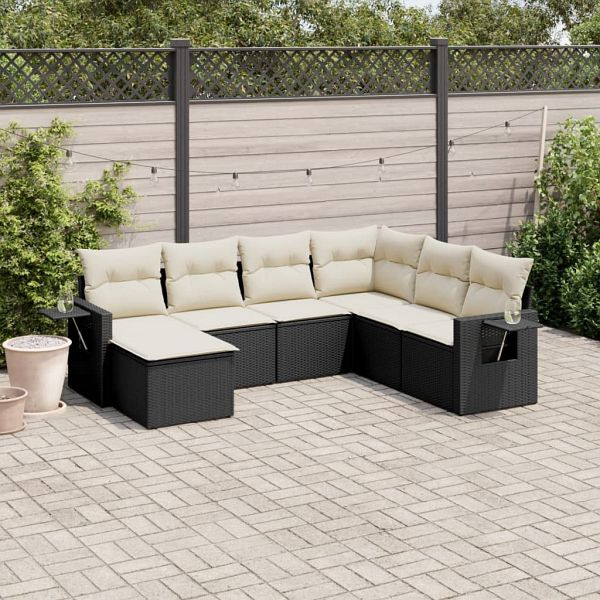 vidaXL 7-tlg. Garten-Sofagarnitur mit Kissen Schwarz Poly Rattan, 3220495