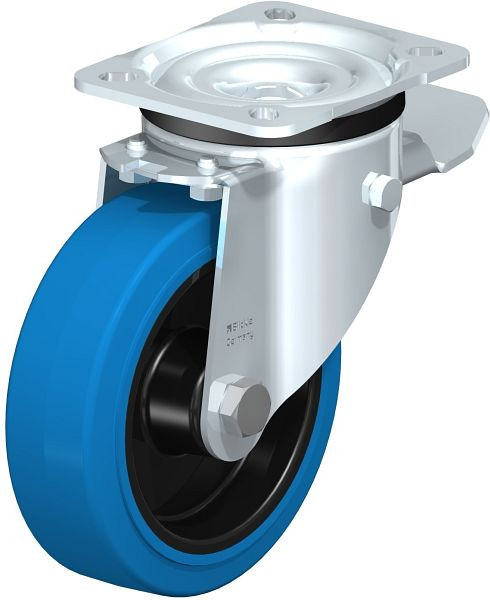 Blickle LK-POEV 125R-1-ST-SB Stahlblech-Lenkrolle, schwere Ausführung, mit Anschraubplatte & Feststeller, Elastik-Vollgummi, Blau, 750352