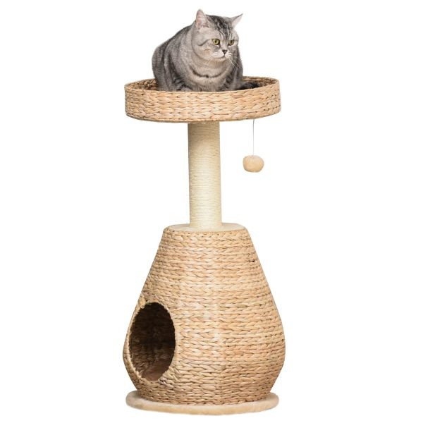 PawHut Katzenbaum Kratzbaum Kätzchen Möbel mit Katzenhöhle Ball Sisal weiche Plüsch Höhe 82,5 cm Gelb, D30-370