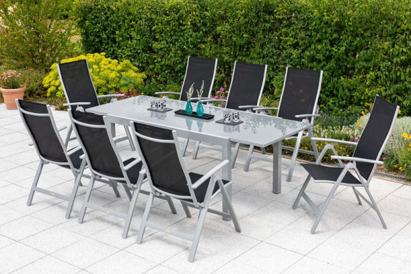 Merxx Carrara Set 9-teilig, 8 Klappsessel, 1 Semi Ausziehtisch 150 (220) x 90 cm, graue Glasplatte, Silber/schwarz, 50314-219