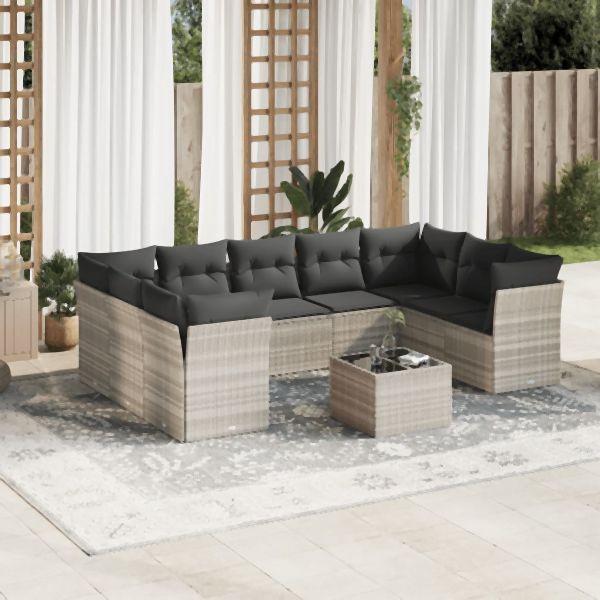 vidaXL 10-tlg. Garten-Sofagarnitur mit Kissen Hellgrau Poly Rattan, 3249981