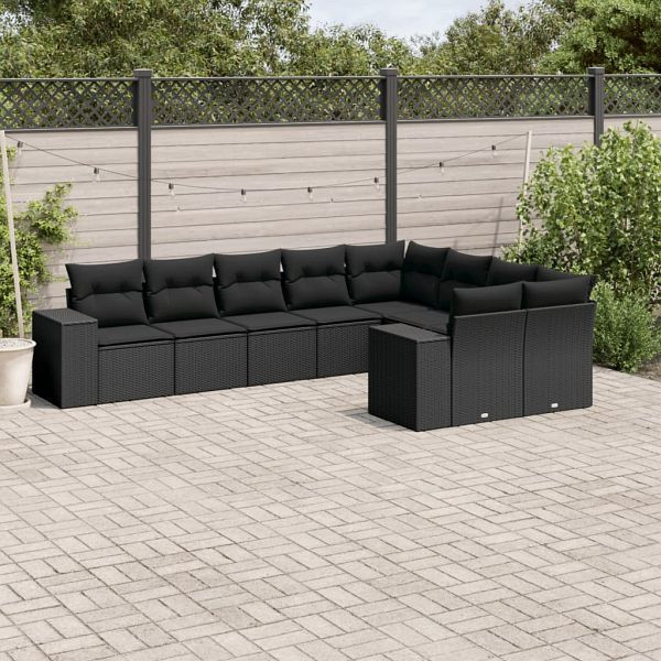 vidaXL 9-teilig Garten-Sofagarnitur mit Kissen Schwarz Poly Rattan, 3255372