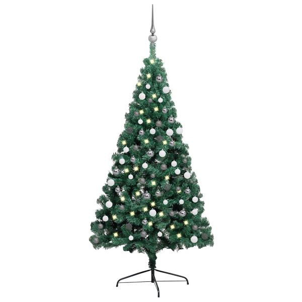 vidaXL Künstlicher Halb-Weihnachtsbaum Beleuchtung Kugeln Grün 210 cm, 3077652