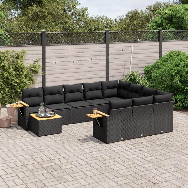 vidaXL 11-tlg. Garten-Sofagarnitur mit Kissen Schwarz Poly Rattan, UV-beständig, 3259605