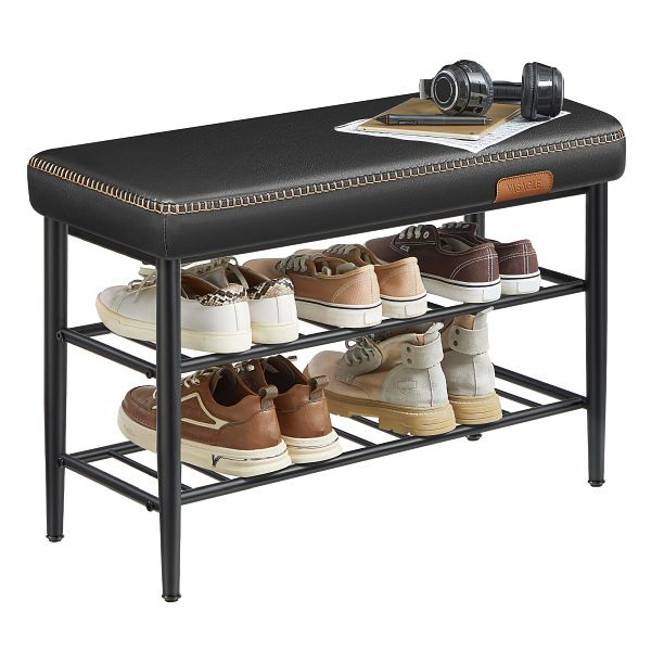 VASAGLE EKHO Collection Schuhbank, Sitz, Kunstleder, Nähte, 60er-Jahre-Stil, modern, maximale Ladung 135 kg, 30 x 80 x 50 cm, Tintenschwarz, LSB054B01