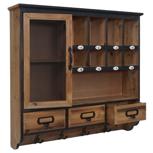 Mendler Wandregal HWC-Q26, Hängeregal Regal Schweberegal Garderobe, Schublade Staufach Haken, Vintage Shabby Holz 70x72x17cm, 120705