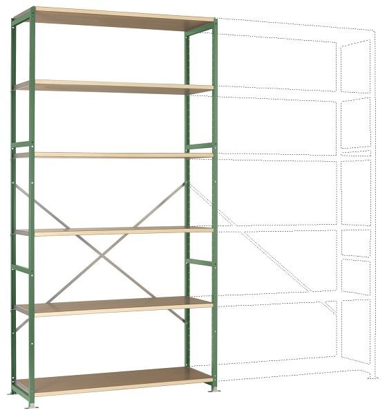 Manuflex Breitfach-Steckregal Grundregal mit 6 Holzverbundböden, HxBxT = 2500 x 1280 x 800 mm, resedagrün, RP1329.6011