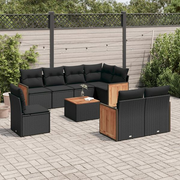 vidaXL 9-tlg. Garten-Sofagarnitur mit Kissen Schwarz Poly Rattan, 3227847