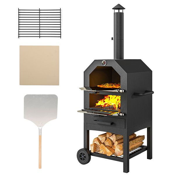 Outsunny 2-in-1 Outdoor Pizzaofen, mit Pizzastein, Aschefach, 2x Grillrost, Thermometer, rostfrei, Schwarz, 846-139V00BK