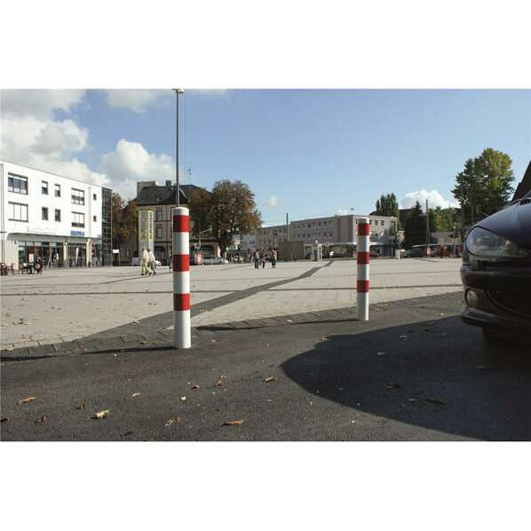 Schake Absperrpfosten Typ 493B -ortsfest-, Ø 108mm, zum Einbetonieren, feuerverzinkt, weiß / rot, mit 2 Ösen, 493B+2