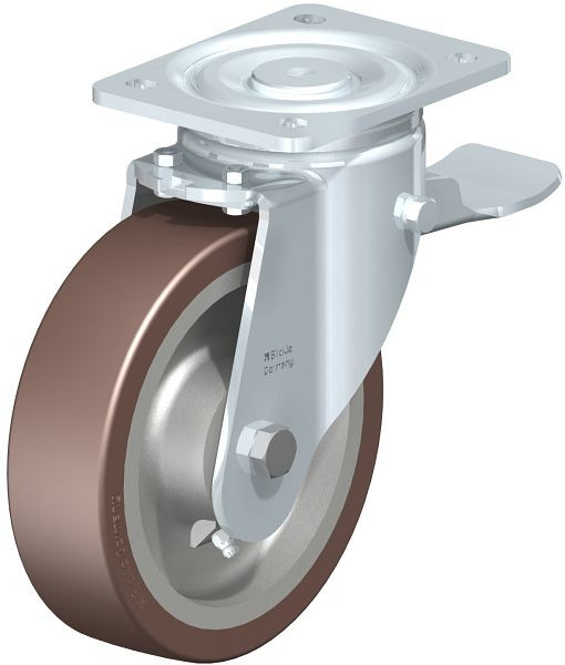 Blickle LH-GB 180K-ST Stahlblech-Lenkrolle, Schwerlast-Ausführung, mit Anschraubplatte & Feststeller, Blickle Besthane®, Braun, 852576