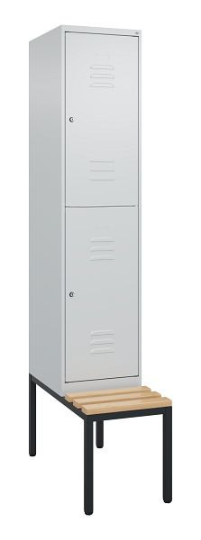 C+P Doppelstöckiger Spind Classic PLUS, 2120x400x815mm, 7035/7035, Zylinderschlösser, Sitzleisten aus Buche, mit untergebauter Sitzbank, 0803507-12 S10099