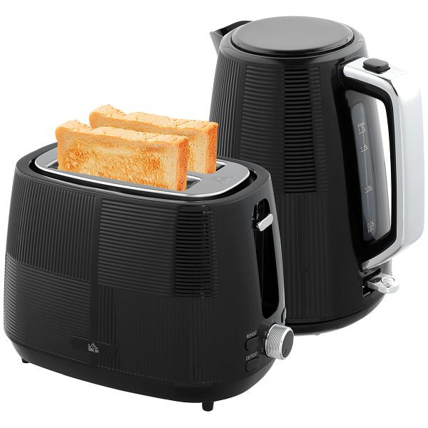 HOMCOM Wasserkocher- und Toaster-Set, 1,7 L, verschiedene Funktionen, Edelstahl, Schwarz, 800-233V90BK