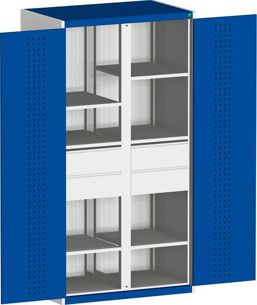 bott cubio Flügeltürschrank bestückt Trennwand, 4 Schubladen, 6 Fachböden BxTxH: 1050 x 650 x 2000 mm, RAL 7035/5010, 40021209.11V