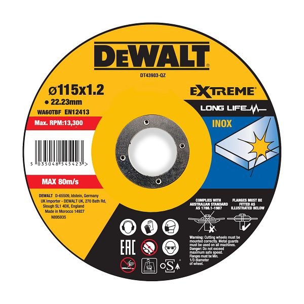 DeWalt EXTREME Trennscheibe 115x1,2x22,23 mm Inox Typ 41 (flach), VE: 25 Stück, DT43903-QZ