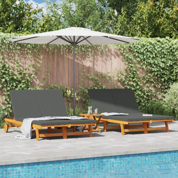 vidaXL Doppel-Sonnenliege mit Rädern und Kissen aus massivem Akazienholz, 3325189
