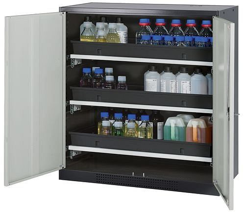 asecos Chemikalienschrank Systema-T CS-103, Korpus anthrazit, Flügeltüren grau, 3 Tablarauszüge, 208865