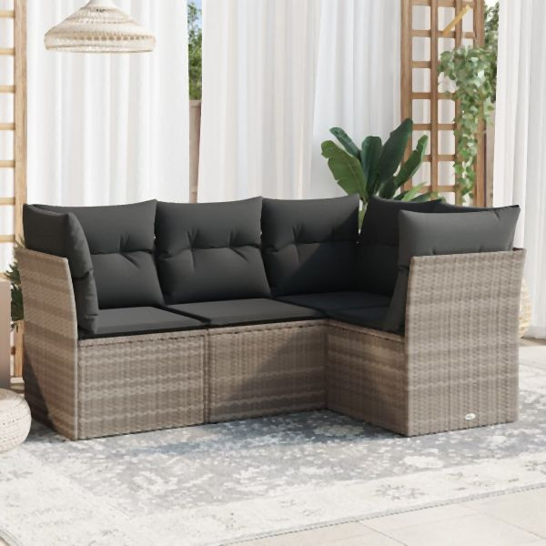 vidaXL 4-tlg. Garten-Sofagarnitur mit Kissen Hellgrau Poly Rattan, 3249421