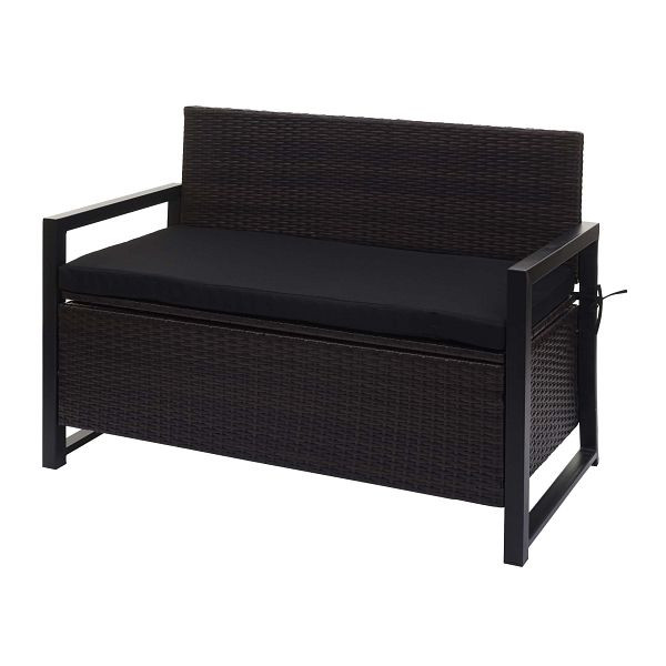 Mendler Poly-Rattan 2er Sitzbank HWC-F39, Gartenbank Truhenbank, Staufach Aufbewahrung Sitzkissen, braun, Kissen schwarz, 76090