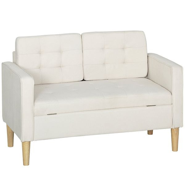 HOMCOM Zweisitzer-Sofa mit Stauraum, Knopfheftung, Kissen, Kautschukbaumholz, 117x62x78cm, Cremeweiß, 839-032V00CW