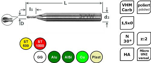 SPPW Micro-Radiusfräser VHM L: 39x0,4 z:2 d3 Ø0,4x2F, 6685270042