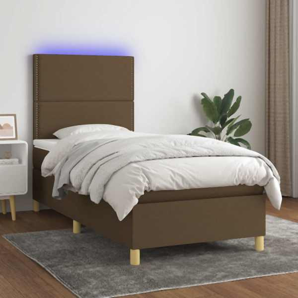 vidaXL Boxspringbett mit Matratze & LED Dunkelbraun 90x190 cm Stoff, 3135320