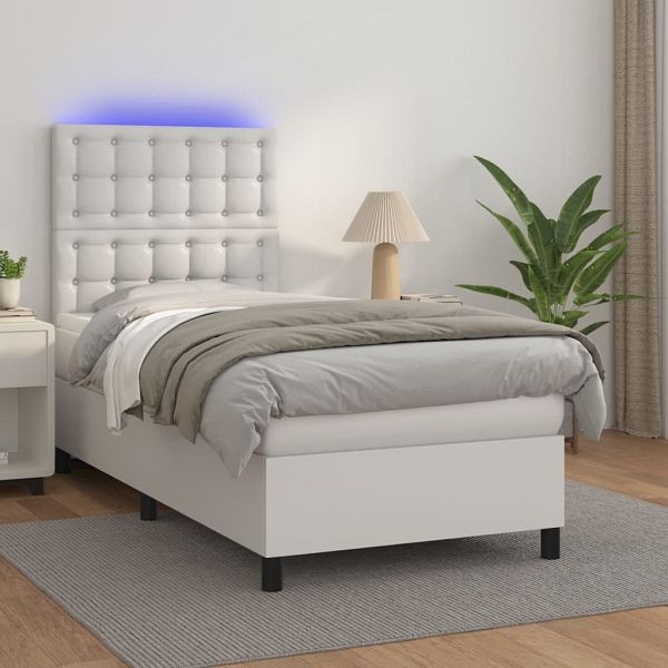 vidaXL Boxspringbett mit Matratze & LED Weiß 90x200 cm Kunstleder, 3135922