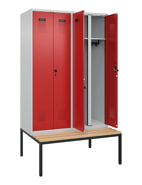 C+P Schwarz-Weiß-Spind Evolo PLUS, Bank, 4 Abteile, 2120x1200x815mm, 7035/3000, Drehriegel, Sitzfläche Buche-Hartholz, Sitzbank, 0490527-40 S10003