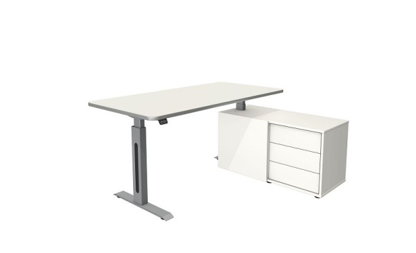 Kerkmann Steh-/Sitztisch Move 1 Style mit Sideboard, Gestell silber, elektrisch höhenverstellbar von 740 - 1230 mm, Weiß/silber, 10177010