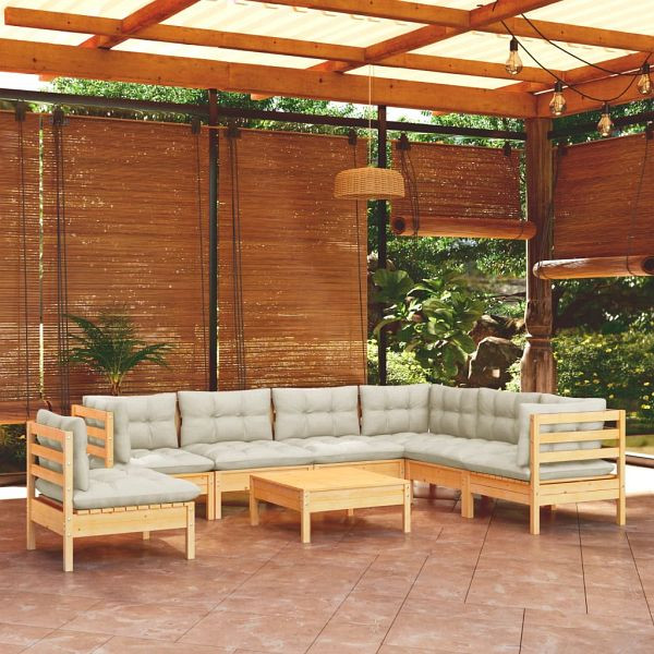 vidaXL 8-tlg. Garten-Lounge-Set mit Creme Kissen Massivholz Kiefer, 3096725