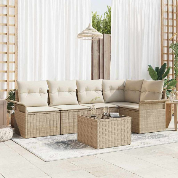 vidaXL Garten-Sofa-Set mit Kissen mit Speicher, 6er Set, Beige Poly Rattan, 3354040