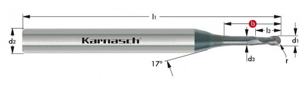 Karnasch VHM-Micro-3D-Radiusfräser d= 1,0 / r= 0,50 / l3= 16 / d2= 3 / Z= 2 DCC 0318 - Zirkonoxyd - Graphit, 30655201001603