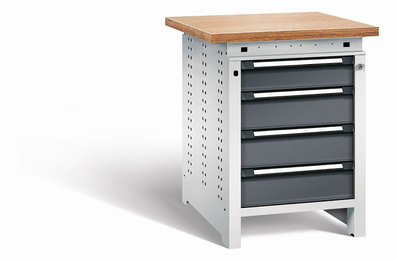 Otto Kind Werkbank Serie function Typ 107, Multiplexplatte, überstehend, 4 Schubladen, mit Zentralverschluss, Gehäuse RAL 7035, Front RAL 7016, 072324249